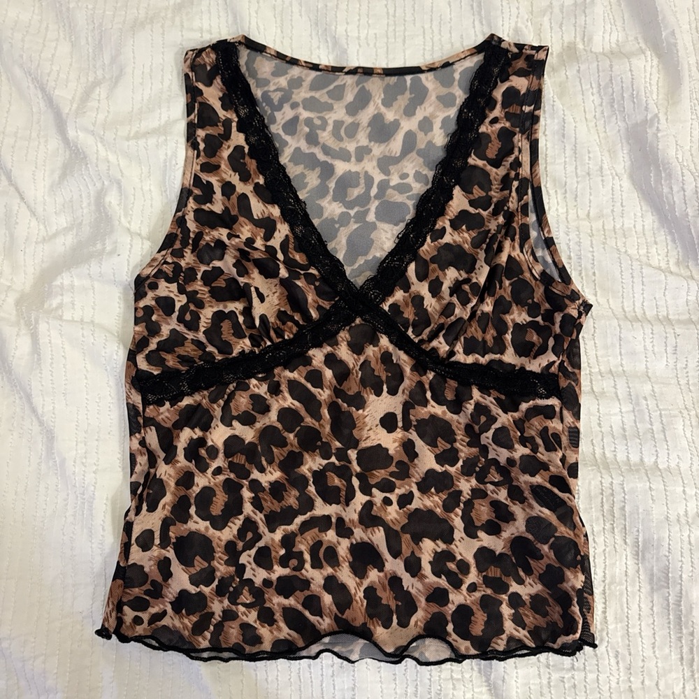 Leopard Print Lace Trim Blouse